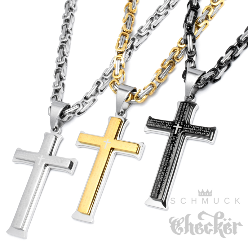 Herren Edelstahl Halskette Kreuz Anhänger silber & gold Zirkon + 60cm  Königskette